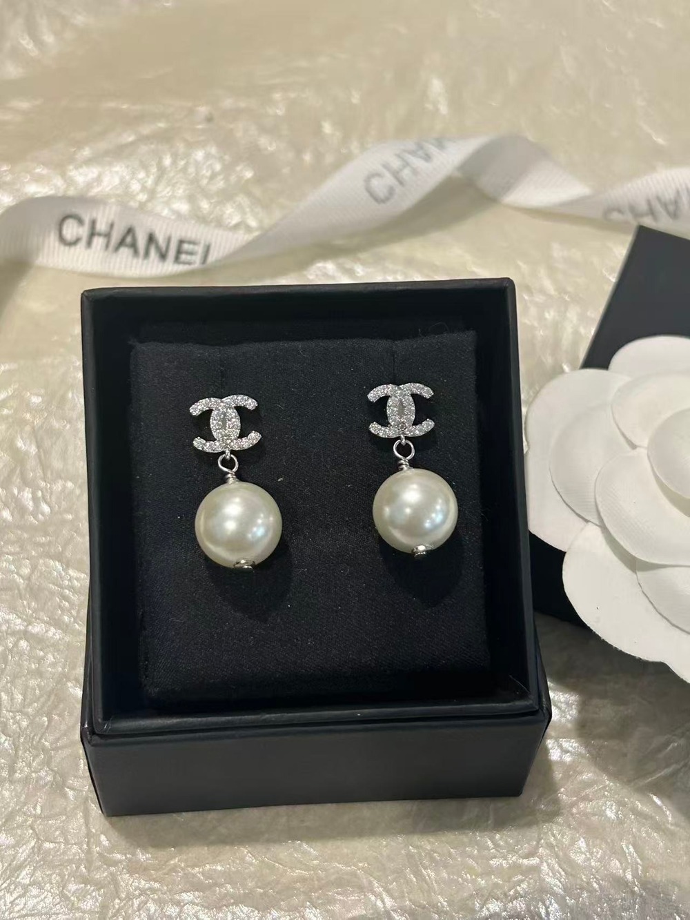 CHANEL Silver-Tone Crystal CC Logo Pearl Drop Earrings